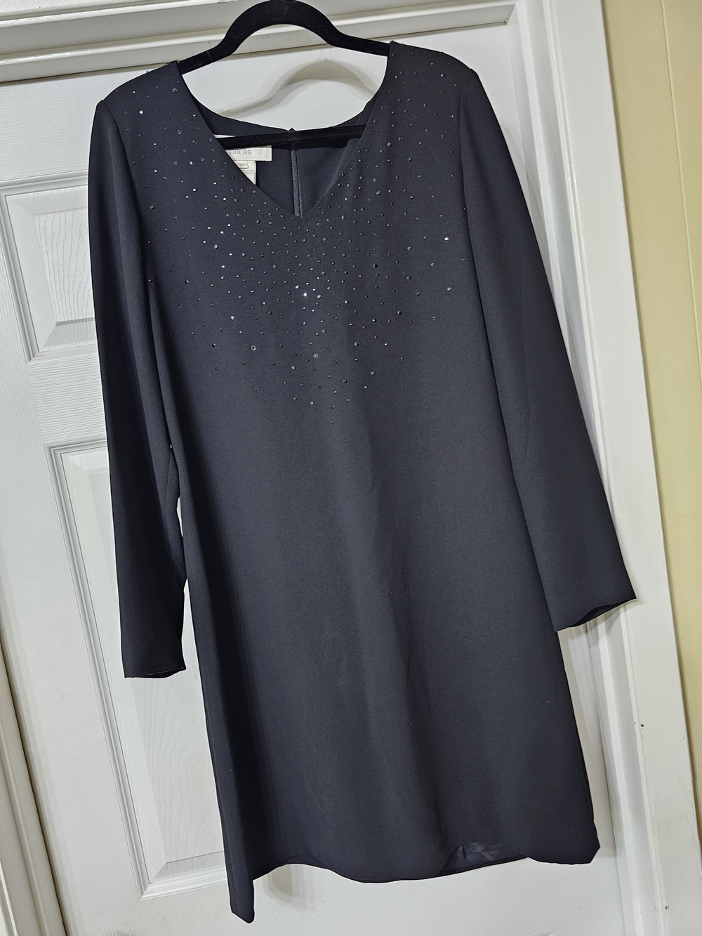 Jones New York Black Long Sleeve V-Neck Dress with Rhinestone Accents